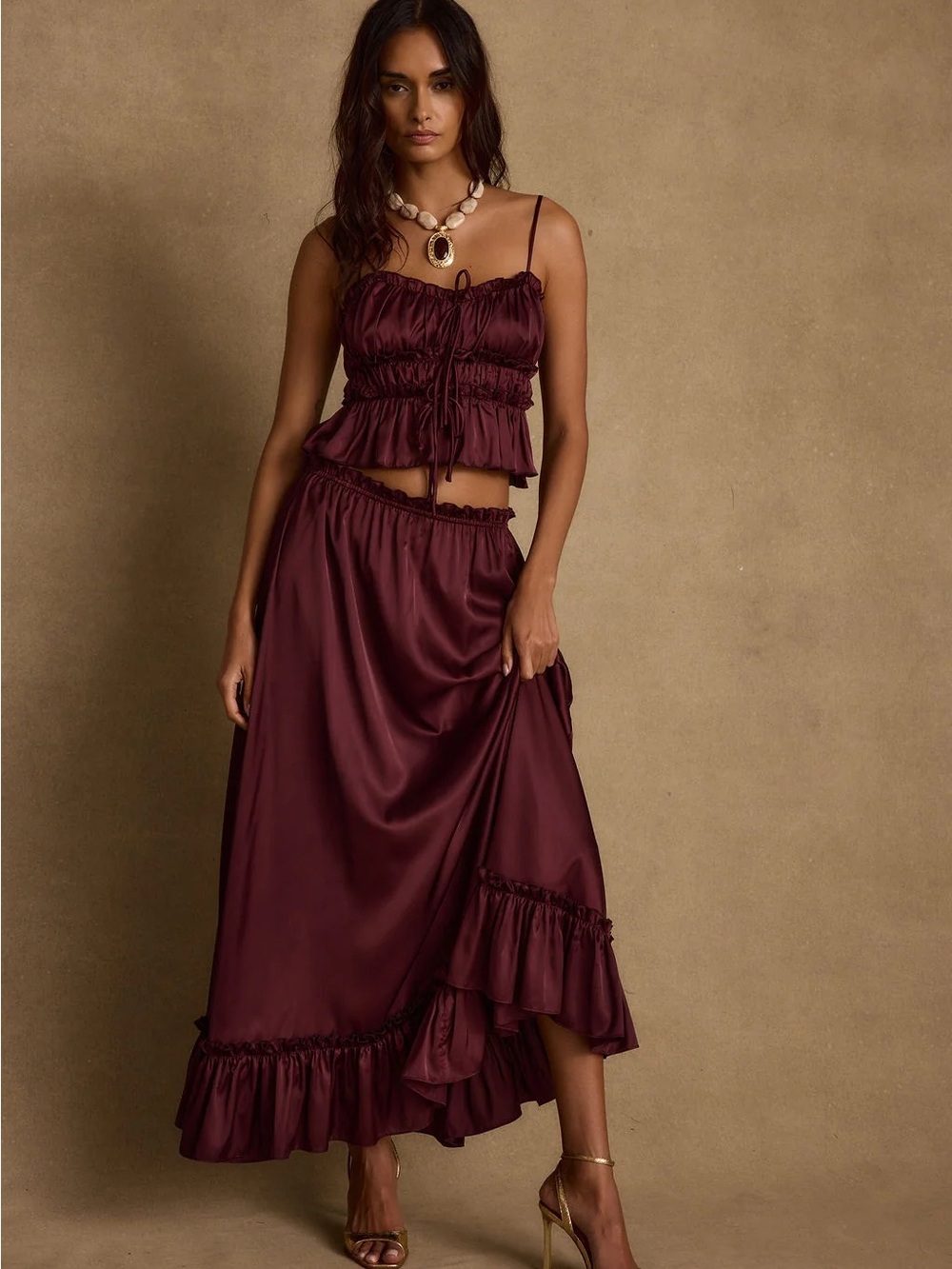 12th Tribe Dahlia Mulberry Satin Skirt and Top set